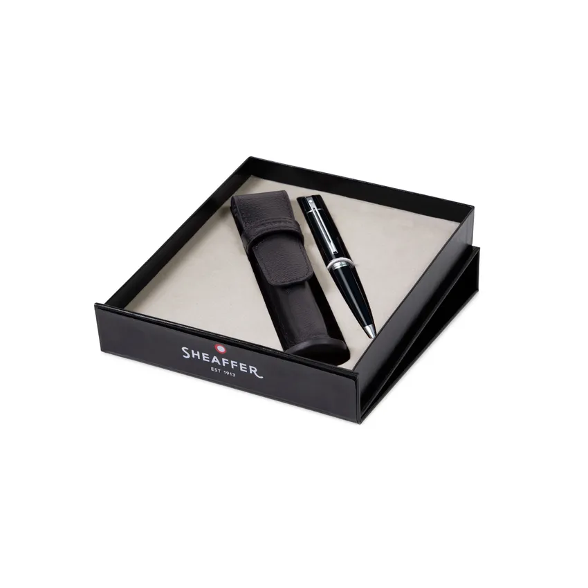 WP33819_1 Sheaffer Gift Set Glossy Black 300 9312 Ballpoint Pen With Chrome Trim And Pen Pouch