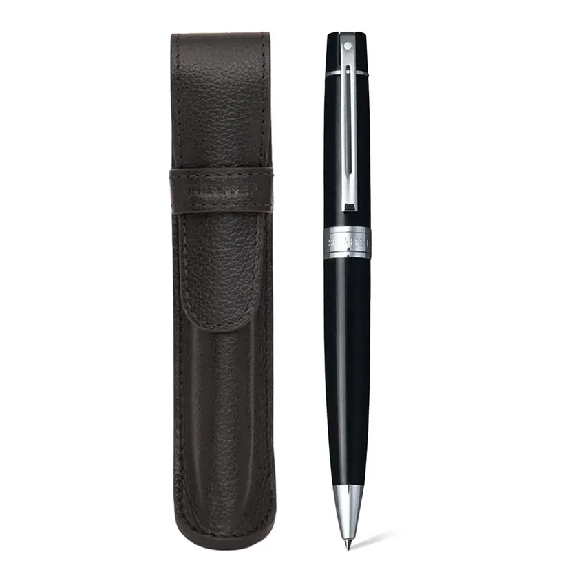 WP33819_8 Sheaffer Gift Set Glossy Black 300 9312 Ballpoint Pen With Chrome Trim And Pen Pouch