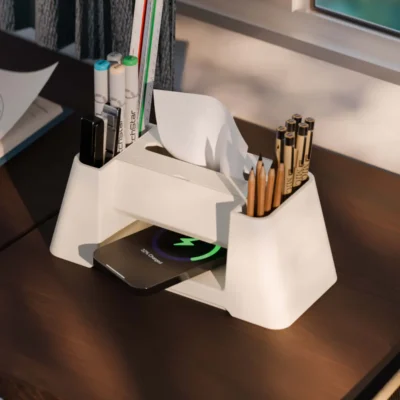 Multifunctional desk organiser cum wireless charger for desktop.