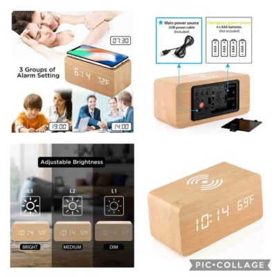 Wooden Alarm Clock with Qi Wireless Charging Pad