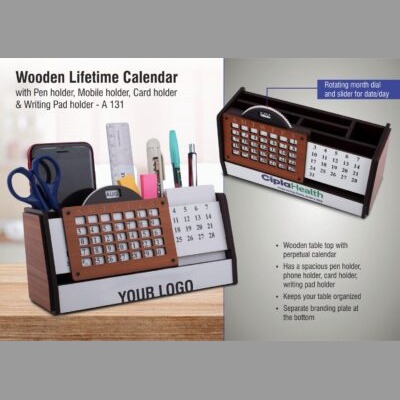 Wooden Calendar with Pen & Mobile holder, Card & Writing Pad holder