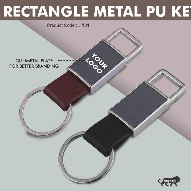 Pull out rectangle metal PU keychain