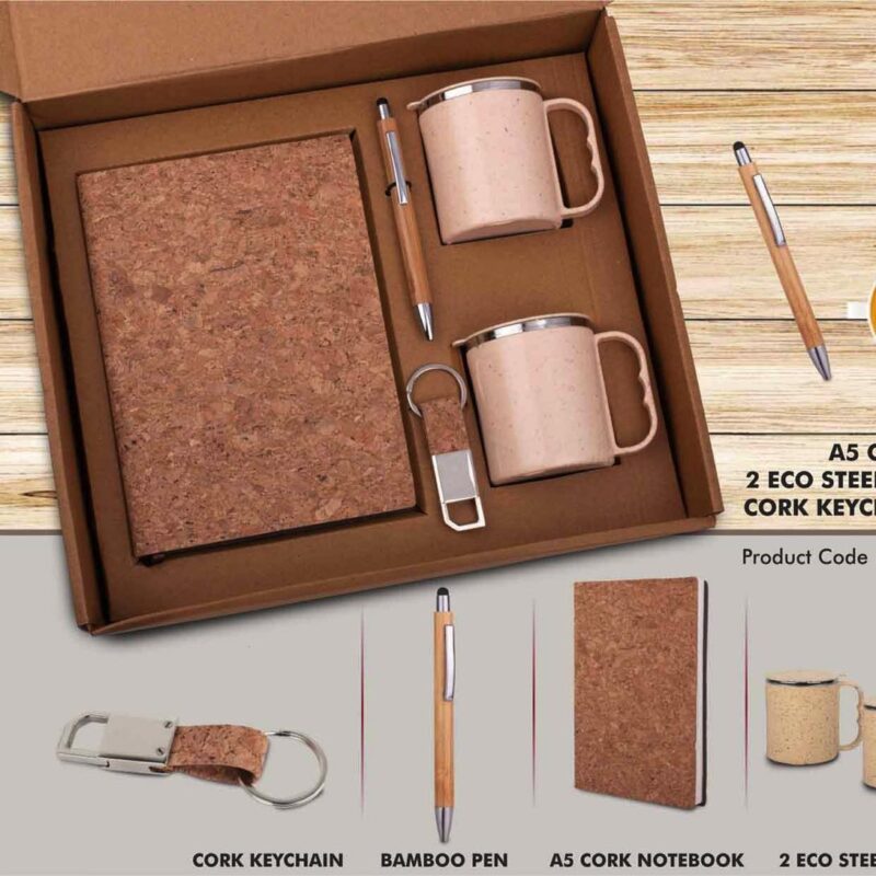 EcoSet 1: Set of A5 Cork notebook, 2 Eco Steel mugs, Bamboo Pen & Cork Keychain in Kraft Gift Box