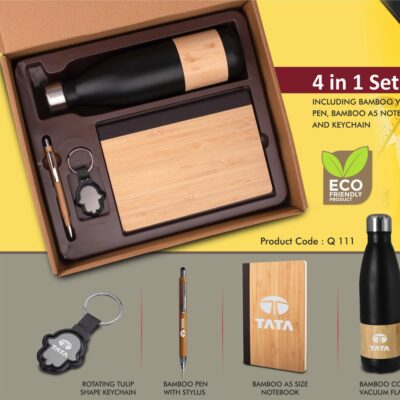 4 in 1 Bamboo set: Keychain, Bamboo vacuum flask, Bamboo pen and A5 bamboo cover notebook in Kraft Gift Box