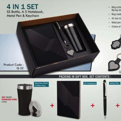 4 in 1 set: Tall sipper mug in 304 steel, Metal pen, A5 notebook and Keychain