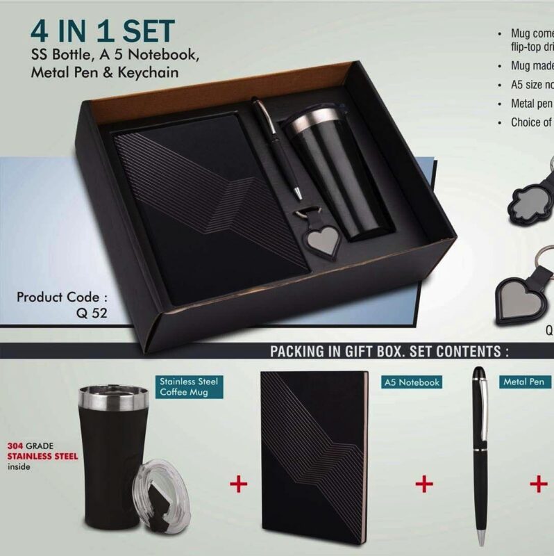 4 in 1 set: Tall sipper mug in 304 steel, Metal pen, A5 notebook and Keychain