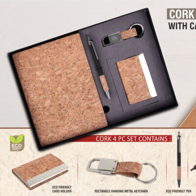 Cork 4 pc set: Cork notebook with Visiting Card holder, pen and keychain
