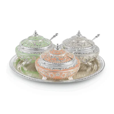Enamel Silver Sugar pots Set of 3 pc with Tray