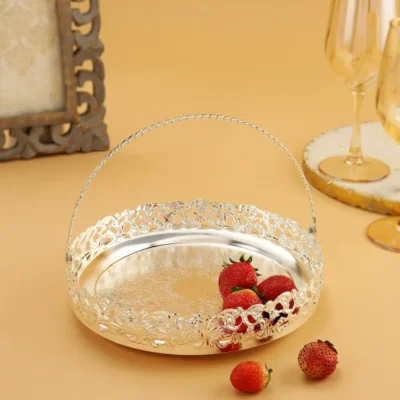 Round silver tray with handle