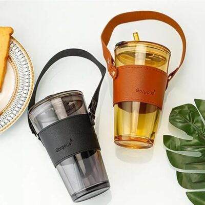 Glass Tumbler with Lids and Straw Elegant Coffee Sipper Bottle with Leather Sleeve Glass for Iced Tea, Juice, Cocktail
